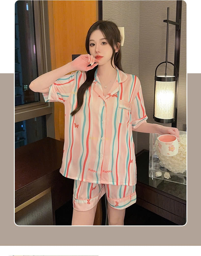 Bộ đồ ngủ lụa băng nữ cổ chữ V tay ngắn, bộ đồ ba mảnh kẻ sọc màu hồng DN144250