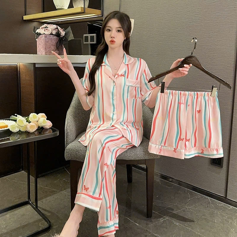 Bộ đồ ngủ lụa băng nữ cổ chữ V tay ngắn, bộ đồ ba mảnh kẻ sọc màu hồng DN144250