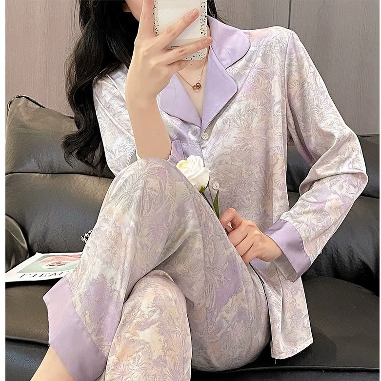 Bộ Đồ Ngủ Lụa Băng Nữ Tím Sơn Nước, Mỏng Dài Tay, Thon Gọn, Thanh Lịch DN150250