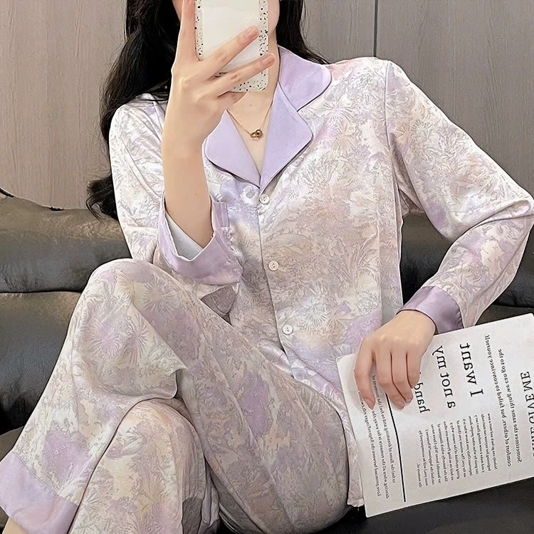 Bộ Đồ Ngủ Lụa Băng Nữ Tím Sơn Nước, Mỏng Dài Tay, Thon Gọn, Thanh Lịch DN150250