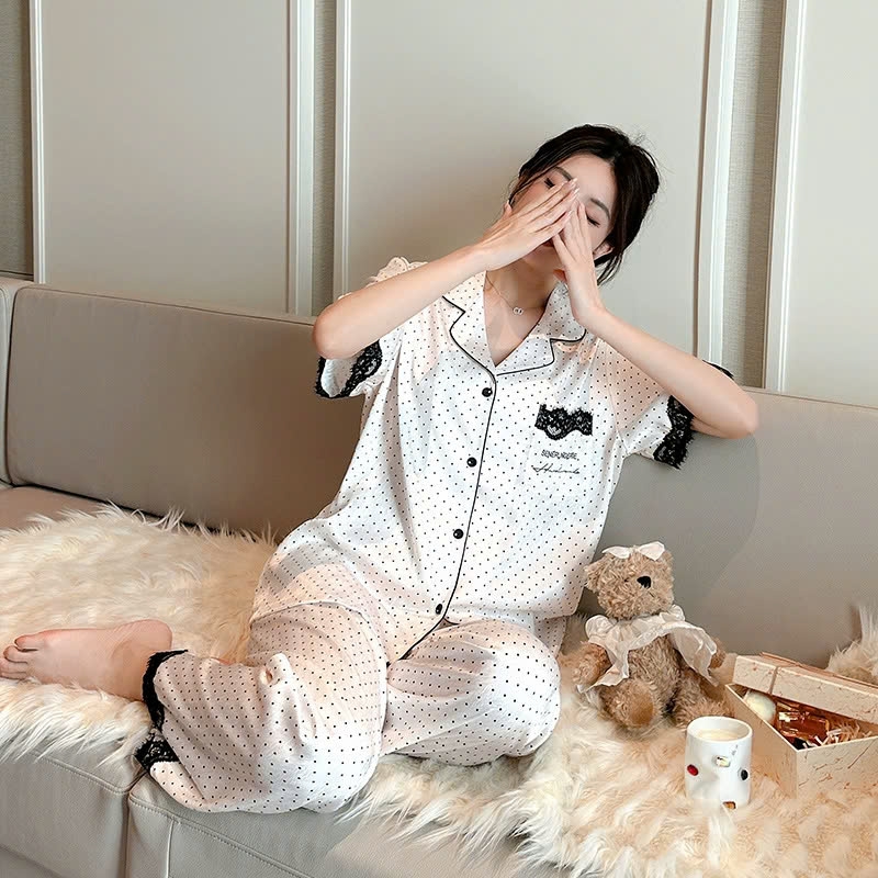 Bộ đồ ngủ ren chấm bi nữ cao cấp, ba mảnh, tay ngắn, quần dài thoải mái DN168250