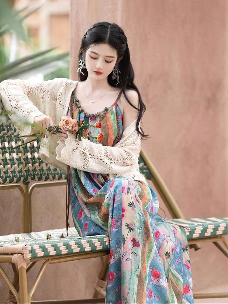 Đầm váy hai dây Suspender dáng dài phong cách Trung Hoa D211240