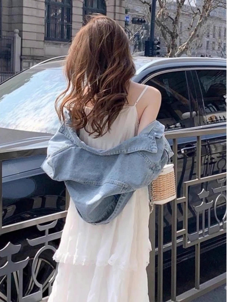 Set áo khoác denim phong cách Chanel + váy trắng | Cardigan nữ mùa xuân form rộng, dày dặn, sang trọng D179250