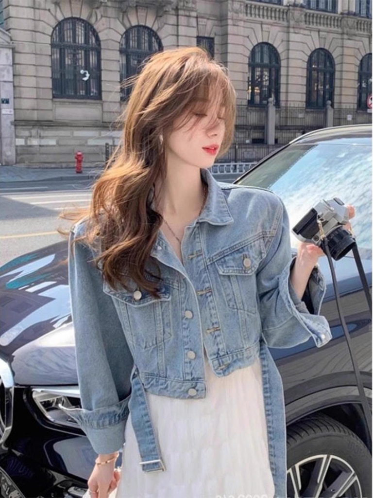 Set áo khoác denim phong cách Chanel + váy trắng | Cardigan nữ mùa xuân form rộng, dày dặn, sang trọng D179250