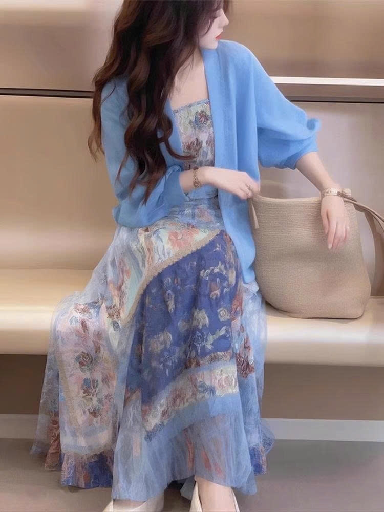 Set áo cardigan xanh + váy yếm Bohemian Pháp | Bộ đồ xuân nữ mũm mĩm che bụng  D180250