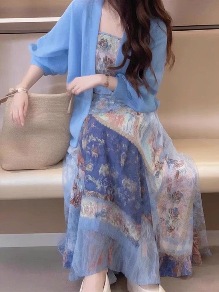 Set áo cardigan xanh + váy yếm Bohemian Pháp | Bộ đồ xuân nữ mũm mĩm che bụng  D180250
