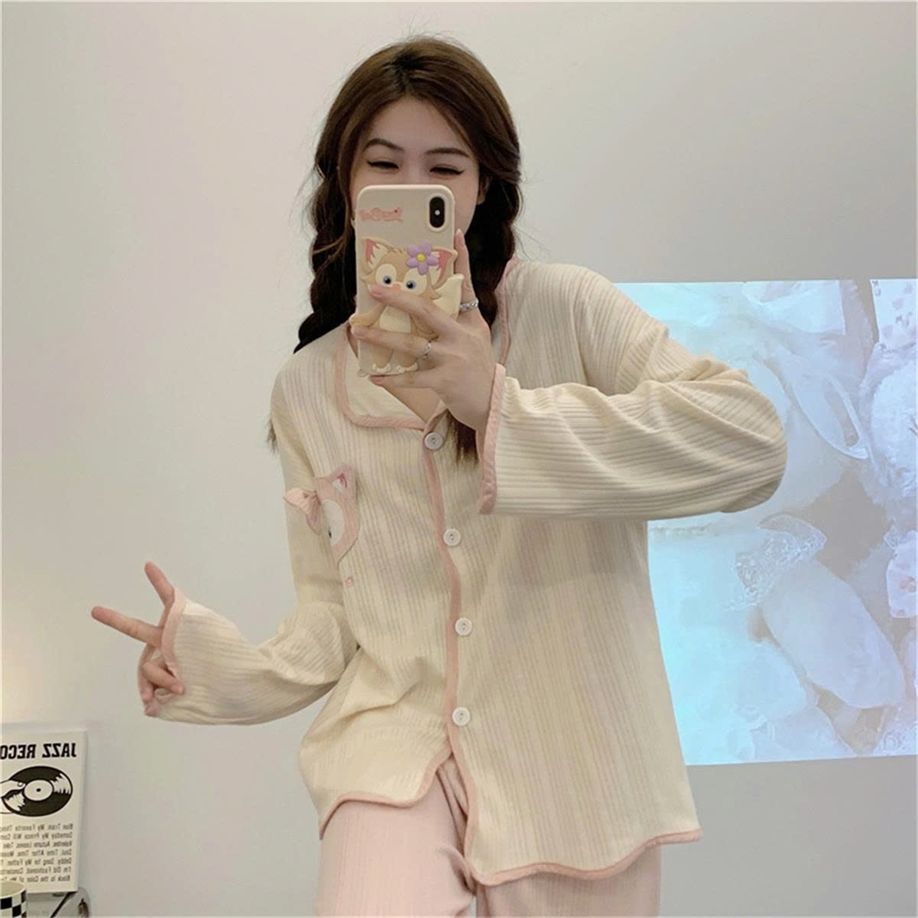 Set đồ ngủ cardigan tay dài xuân thu 2025 – hot trend Douyin, dễ thương & nóng bỏng nhẹ DN171250