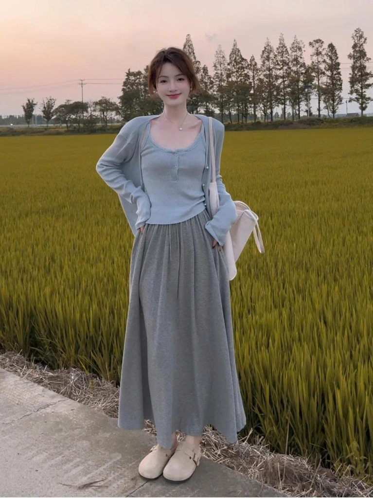 🍂 Set đồ 3 món nữ mùa thu – phong cách nhẹ nhàng, phối áo + váy cực xinh D189250