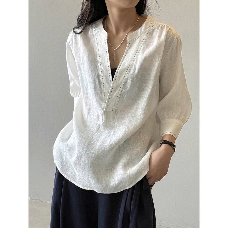 Áo Sơ Mi Vải Lanh Trắng Nữ Tay Lửng Cổ Chữ V – Phong Cách Cổ Điển, Dáng Rộng Mùa Hè  D199250