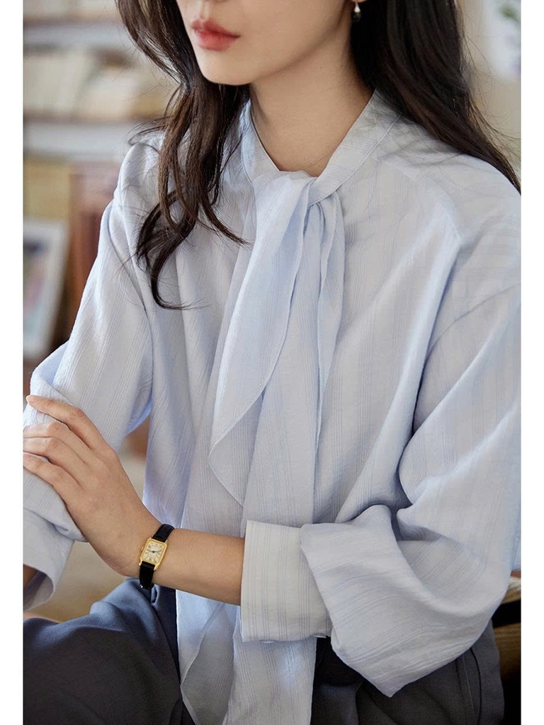 Áo sơ mi Tencel sọc dài tay nữ phong cách Pháp retro mùa thu 2025 D230250