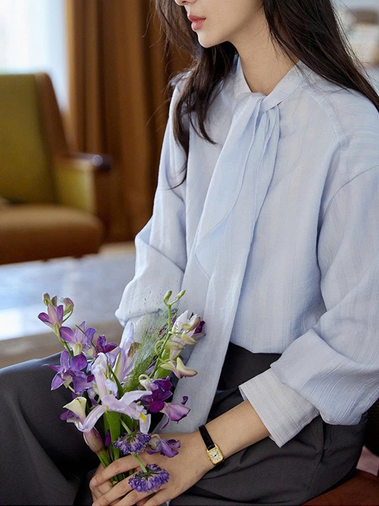 Áo sơ mi Tencel sọc dài tay nữ phong cách Pháp retro mùa thu 2025 D230250