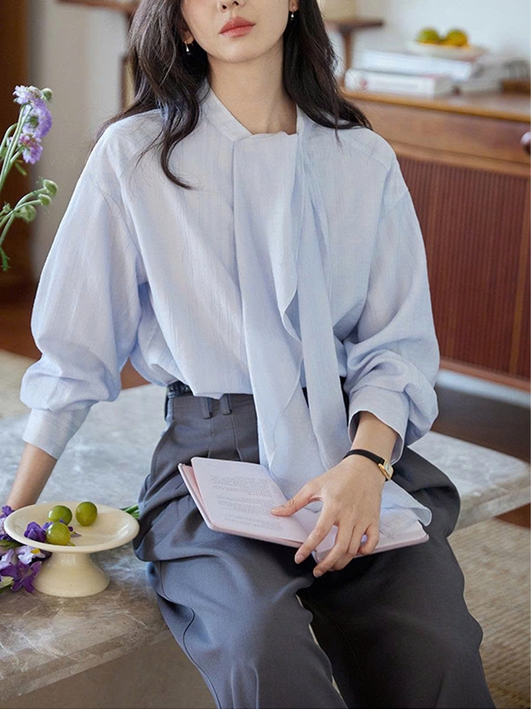 Áo sơ mi Tencel sọc dài tay nữ phong cách Pháp retro mùa thu 2025 D230250