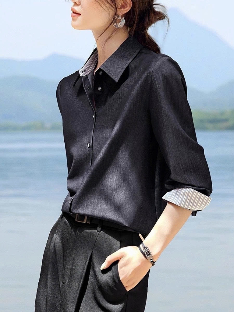 Áo sơ mi sọc xám nữ 2025 – Thanh lịch, trẻ trung D231250