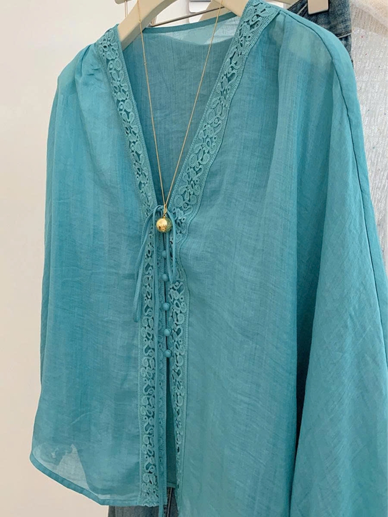 Áo sơ mi chống nắng tay dài cổ chữ V phong cách Trung Hoa – Ramie cao cấp 2025 D233250