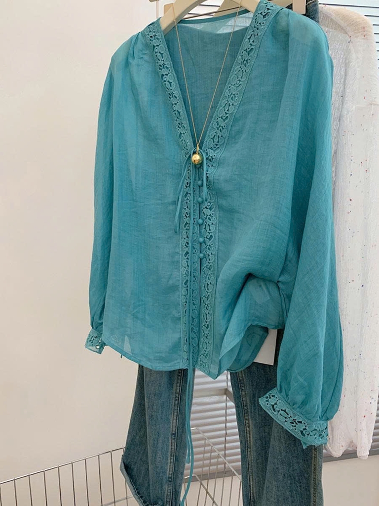 Áo sơ mi chống nắng tay dài cổ chữ V phong cách Trung Hoa – Ramie cao cấp 2025 D233250