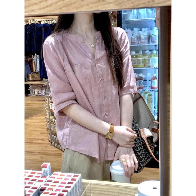 Áo sơ mi cotton & vải lanh tay ngắn nữ – màu hồng, mỏng nhẹ, thoáng mát (2025) D235250