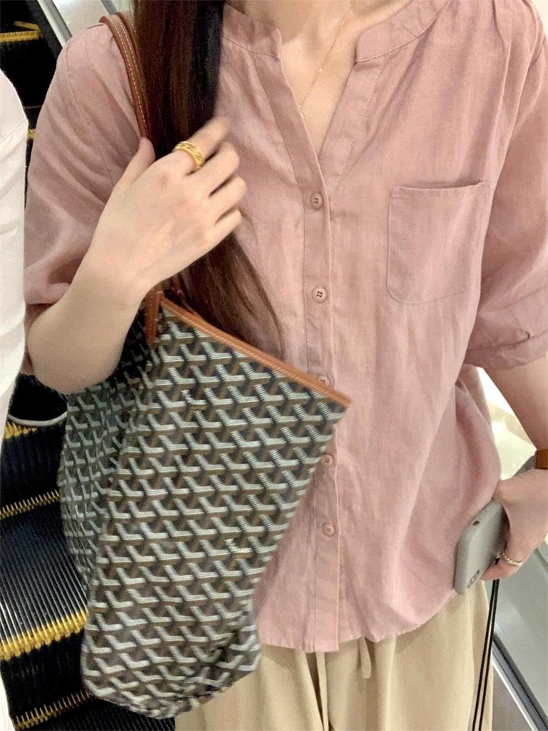 Áo sơ mi cotton & vải lanh tay ngắn nữ – màu hồng, mỏng nhẹ, thoáng mát (2025) D235250