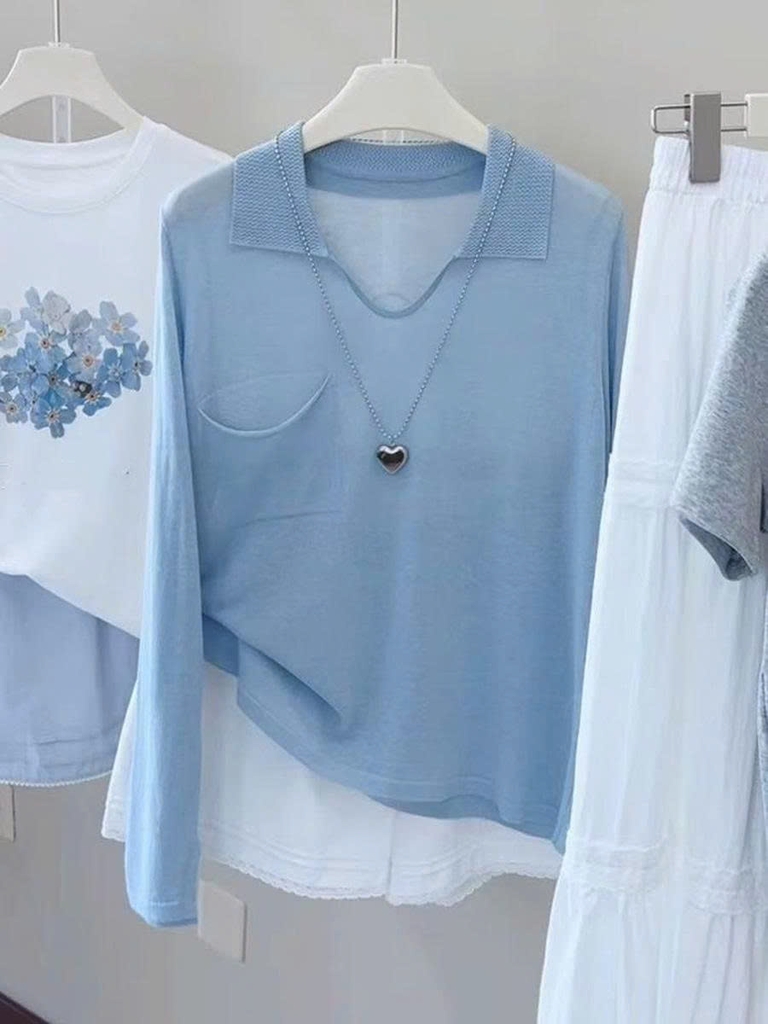 Áo sơ mi tay dài xanh có túi chống nắng nữ 2025 – kiểu dáng mỏng nhẹ, trẻ trung D236250