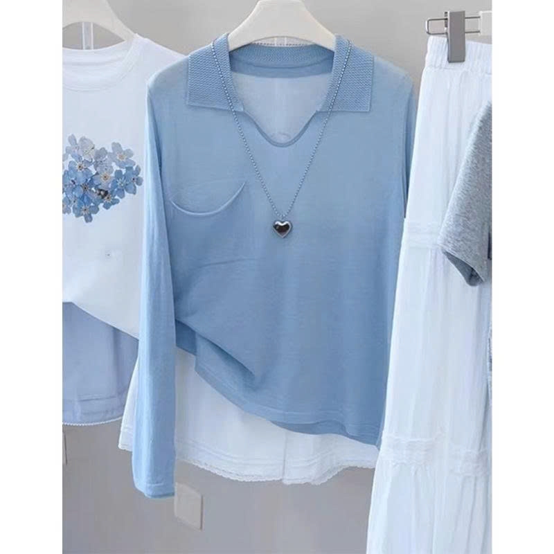 Áo sơ mi tay dài xanh có túi chống nắng nữ 2025 – kiểu dáng mỏng nhẹ, trẻ trung D236250