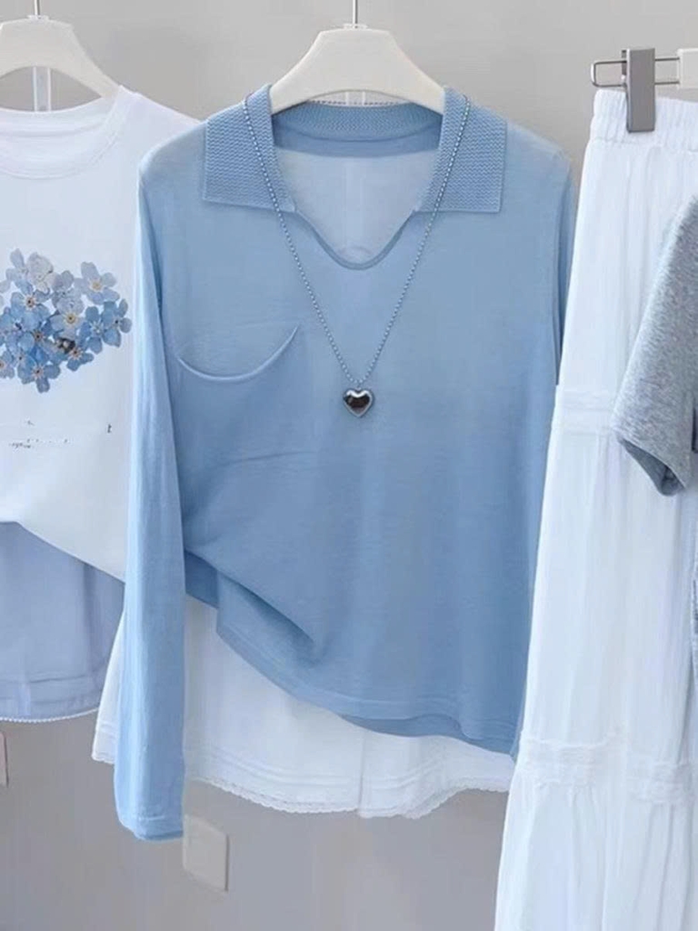 Áo sơ mi tay dài xanh có túi chống nắng nữ 2025 – kiểu dáng mỏng nhẹ, trẻ trung D236250