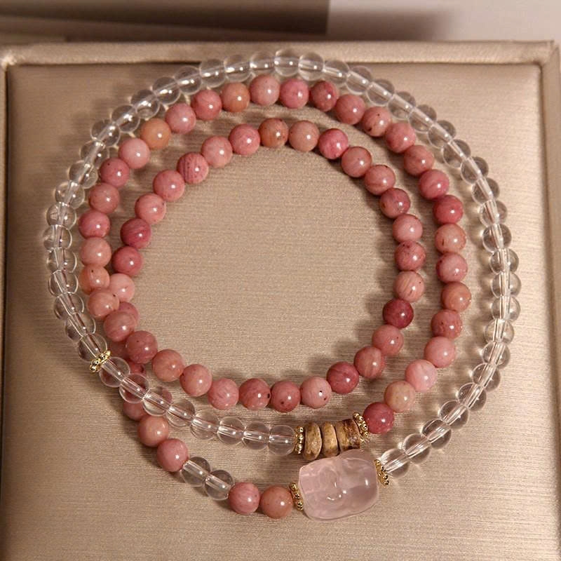 Trang Sức Vòng Tay Pha Lê Trắng & Đá Rhodonite Tự Nhiên – Kết Hợp Thạch Anh Hồng Pixiu May Mắn, Tinh Tế TS130250