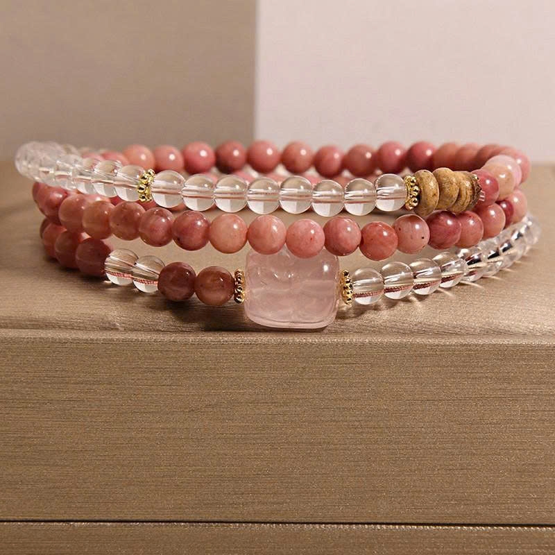 Trang Sức Vòng Tay Pha Lê Trắng & Đá Rhodonite Tự Nhiên – Kết Hợp Thạch Anh Hồng Pixiu May Mắn, Tinh Tế TS130250