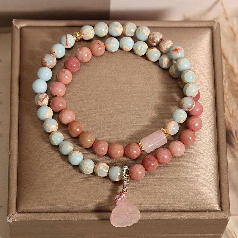 Trang sức vòng tay đá Shoushan đôi – Rhodonite & Quả sen phong cách Trung Hoa cao cấp TS134250