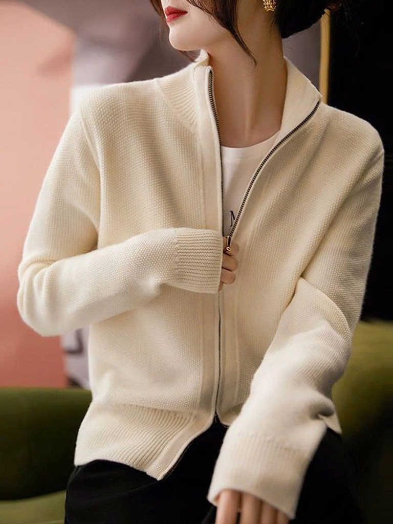 Áo len cardigan dệt kim cổ đứng 2 khóa kéo – Thời trang nữ thu 2025 D245250