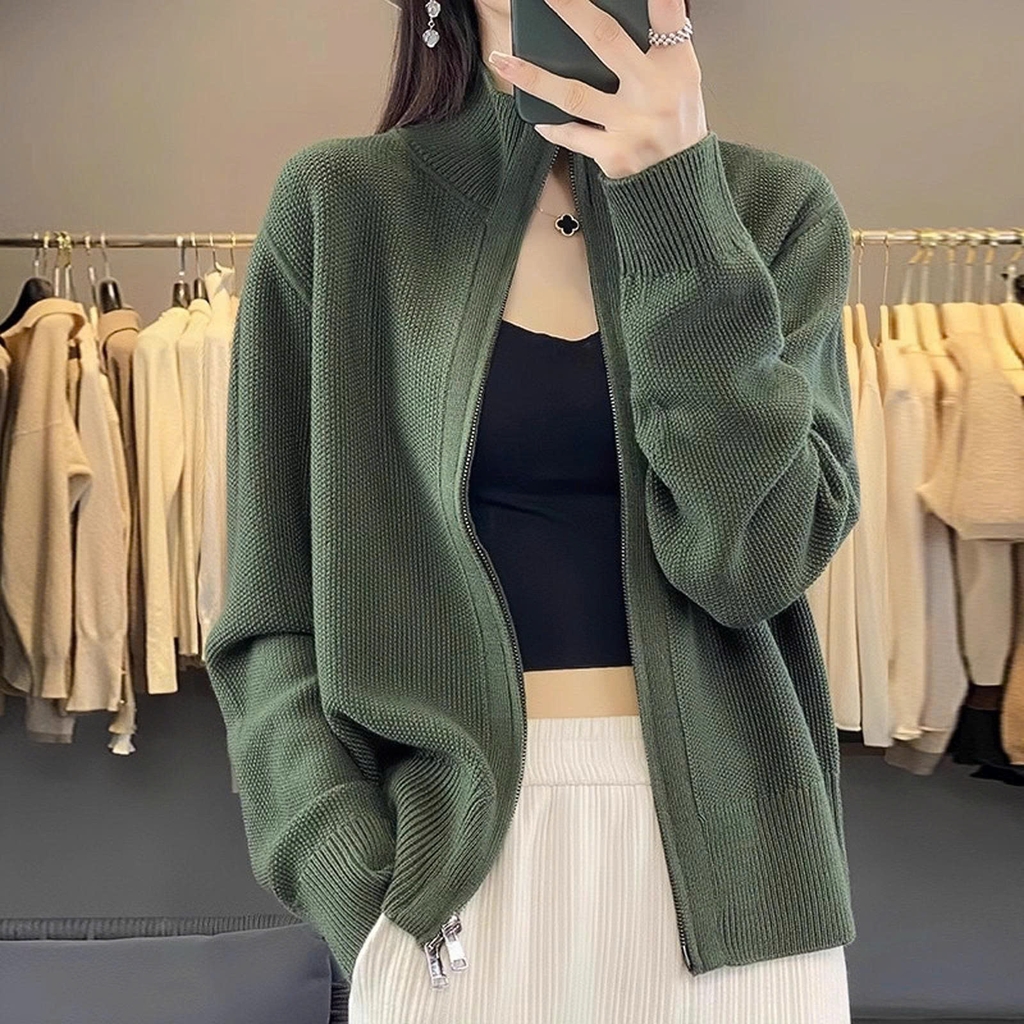 Áo len cardigan dệt kim cổ đứng 2 khóa kéo – Thời trang nữ thu 2025 D245250