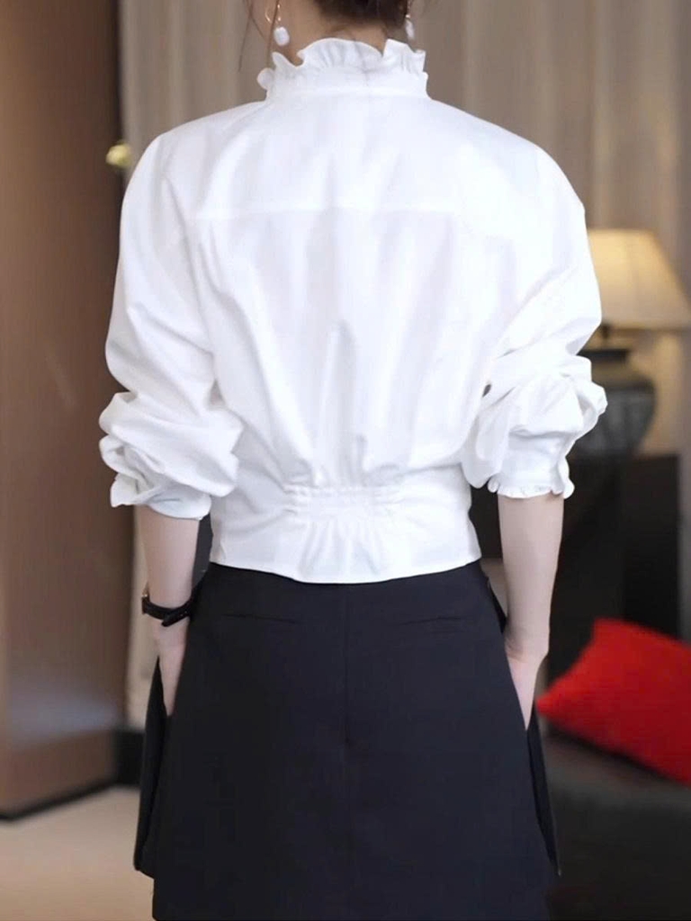 Áo sơ mi tay dài cổ chữ V tai gỗ phong cách Pháp – Thu 2025 D256250