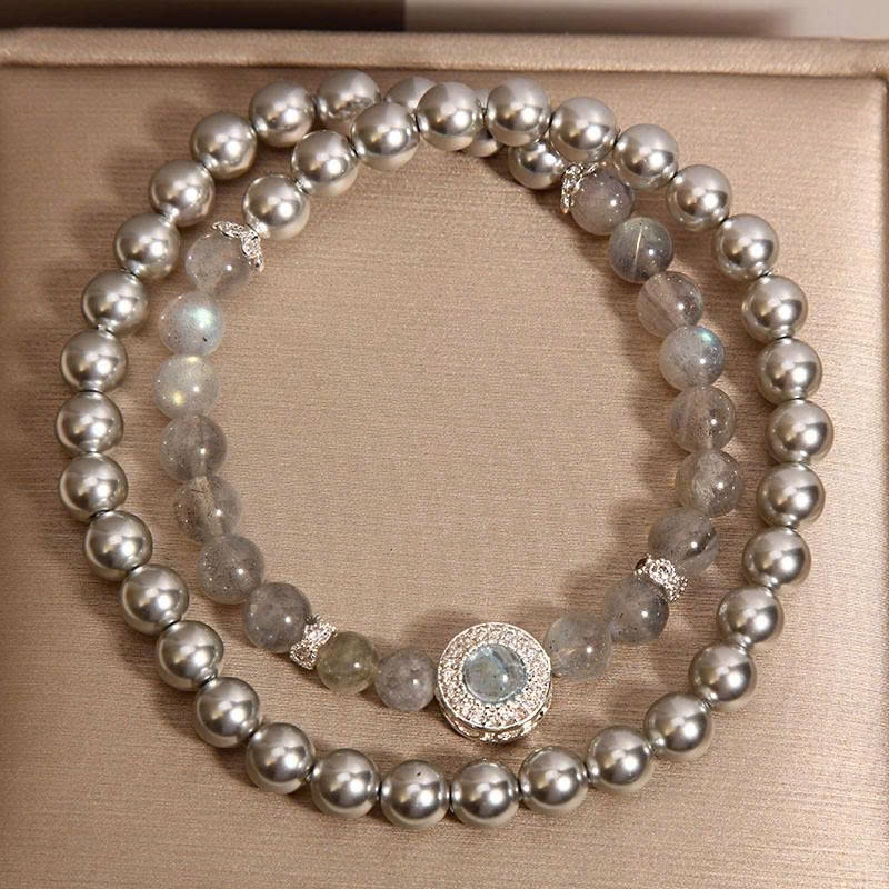 Vòng tay pha lê hai vòng đá mặt trăng xám & Aquamarine – Thanh lịch – Tinh tế TS143250