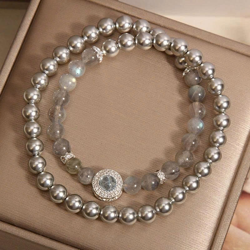 Vòng tay pha lê hai vòng đá mặt trăng xám & Aquamarine – Thanh lịch – Tinh tế TS143250