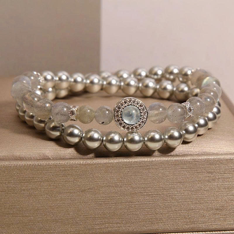 Vòng tay pha lê hai vòng đá mặt trăng xám & Aquamarine – Thanh lịch – Tinh tế TS143250
