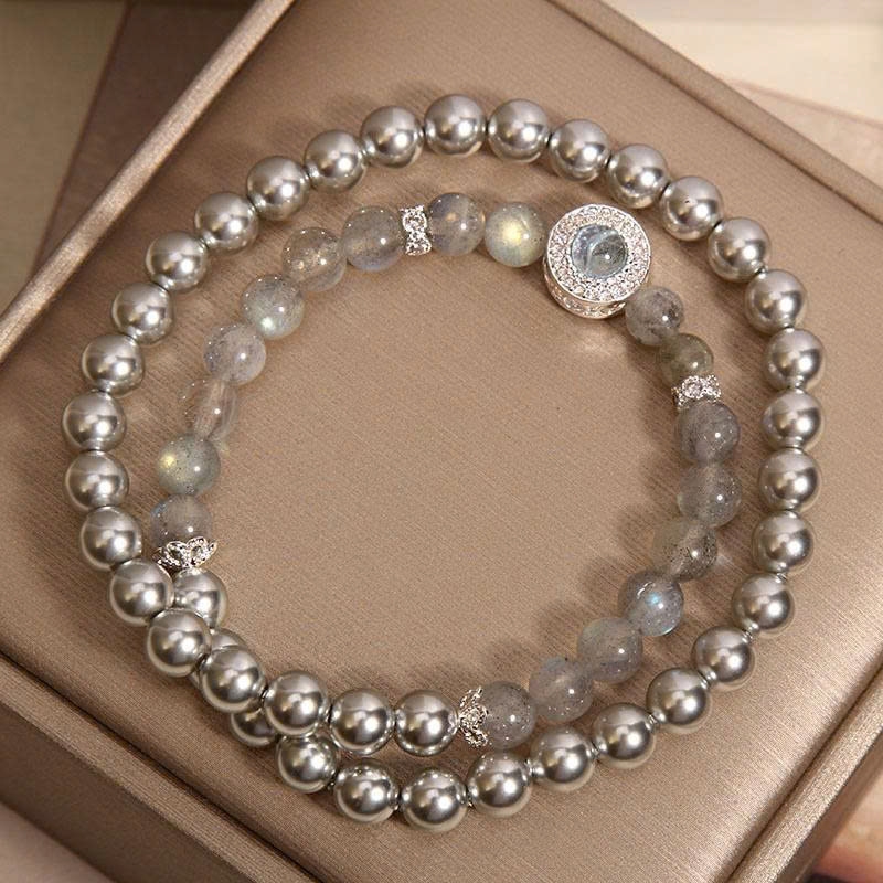 Vòng tay pha lê hai vòng đá mặt trăng xám & Aquamarine – Thanh lịch – Tinh tế TS143250