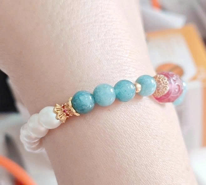 Vòng tay pha lê ngọc trai nước ngọt xanh lam tự nhiên cho nữ, sang trọng tinh tế, điểm xuyết fluorite passepartout TS170250