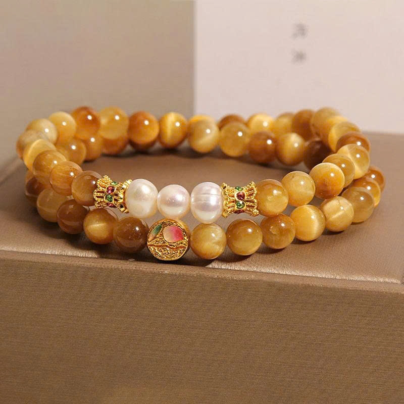 Vòng tay nữ đính ngọc trai nước ngọt sang trọng, tinh tế kết hợp đá mắt hổ vàng – Vòng tay phong thủy cao cấp TS166250