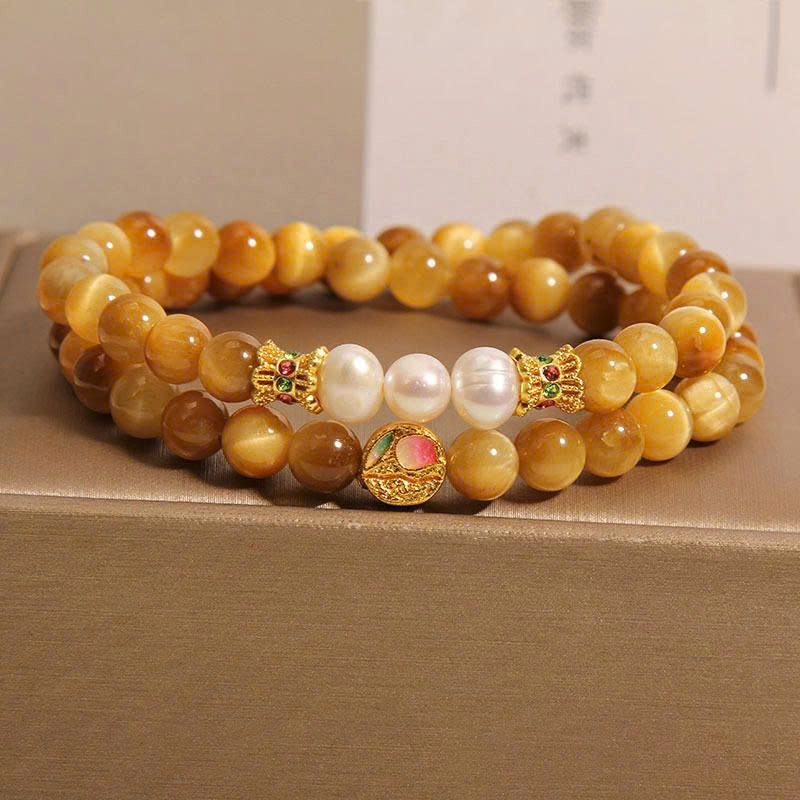 Vòng tay nữ đính ngọc trai nước ngọt sang trọng, tinh tế kết hợp đá mắt hổ vàng – Vòng tay phong thủy cao cấp TS166250