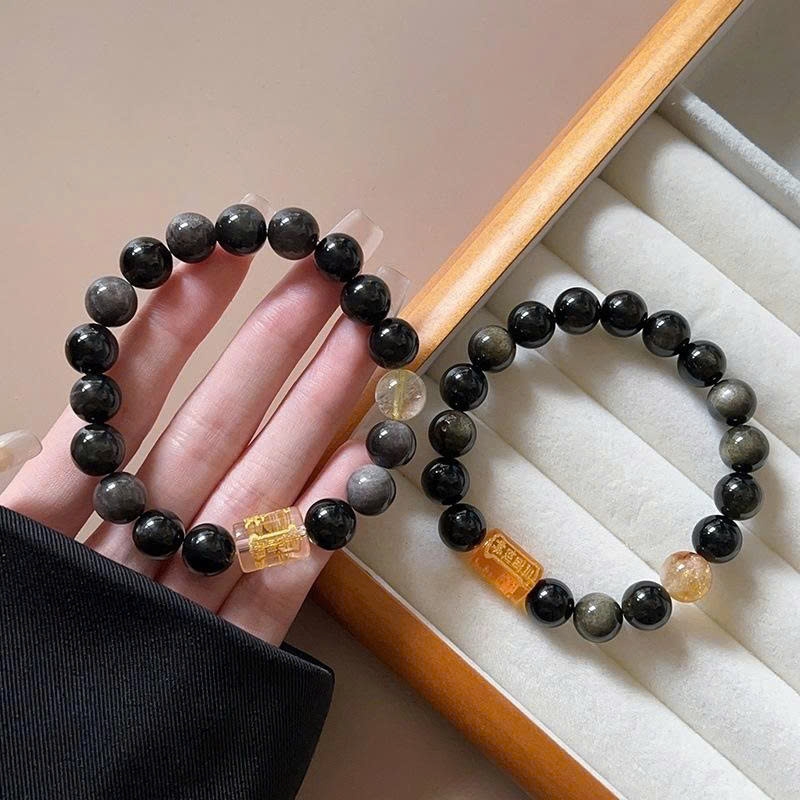Vòng tay đá Obsidian tự nhiên 10MM – Thần Tài ba mặt TS179250