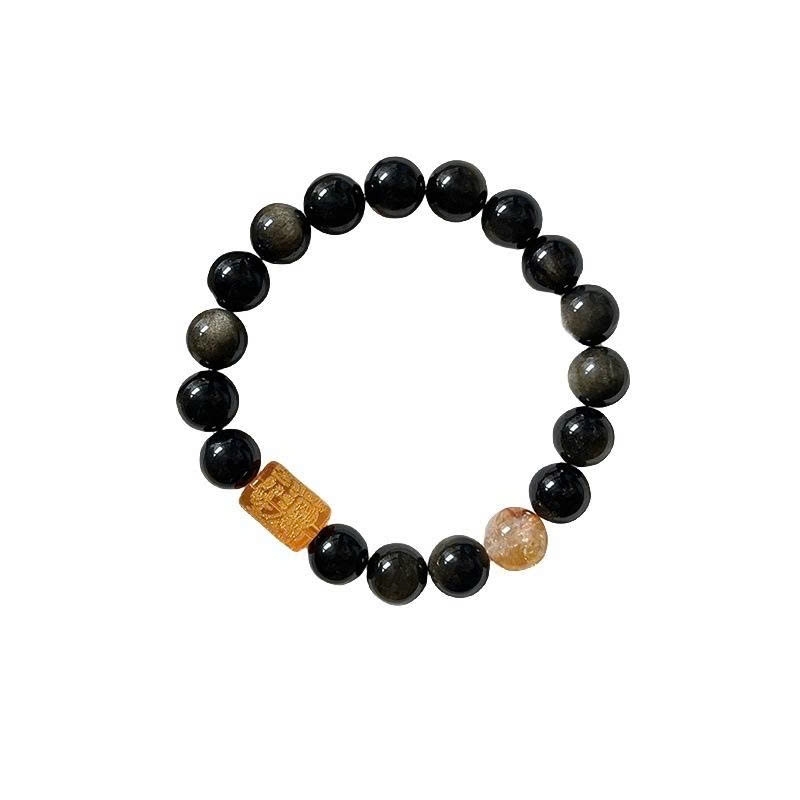 Vòng tay đá Obsidian tự nhiên 10MM – Thần Tài ba mặt TS179250