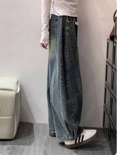 Quần Jeans Nữ Cạp Cao Ống Rộng Dáng Suông Retro QJ000260