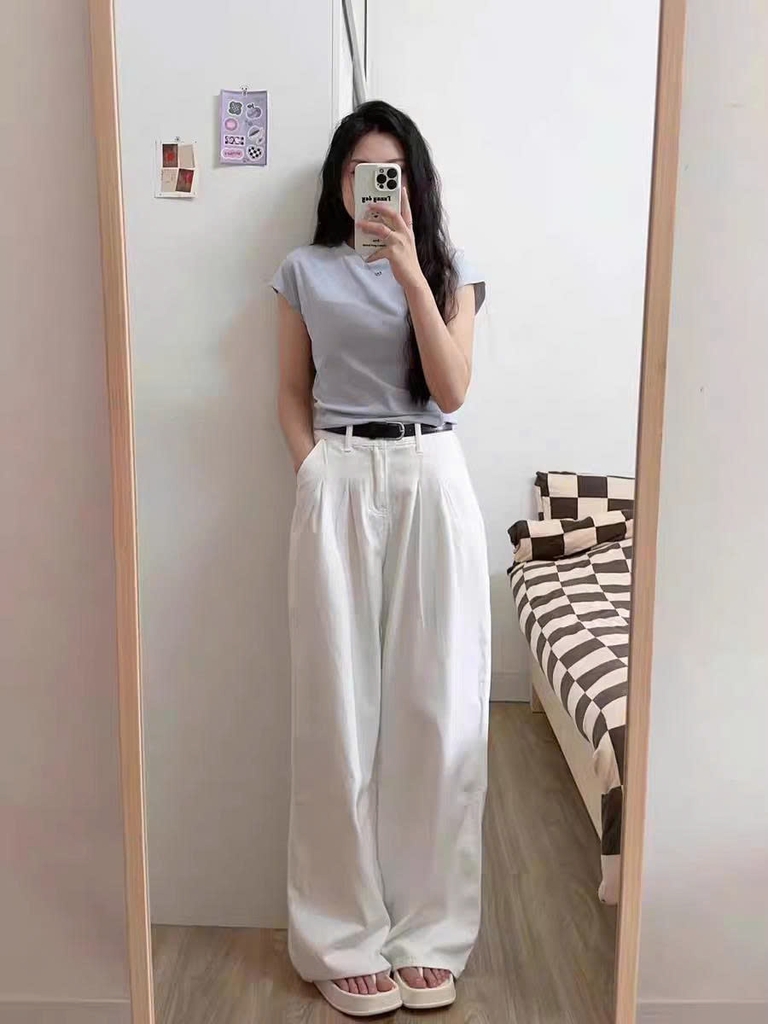 Quần Jean Ống Rộng Màu Trắng Phong Cách Mỹ – Cạp Cao, Dáng Thẳng Mùa Thu QJ010260