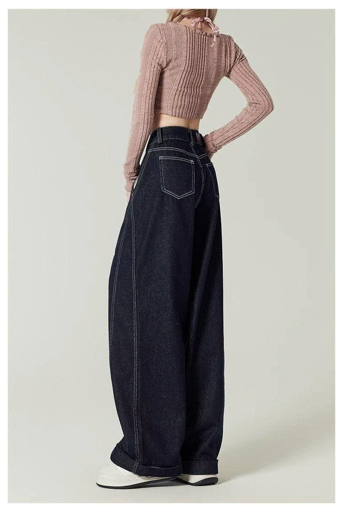 Quần Jeans Ống Rộng Xanh Đậm Kiểu Mỹ Cổ Điển – Cạp Cao Tôn Dáng QJ011260