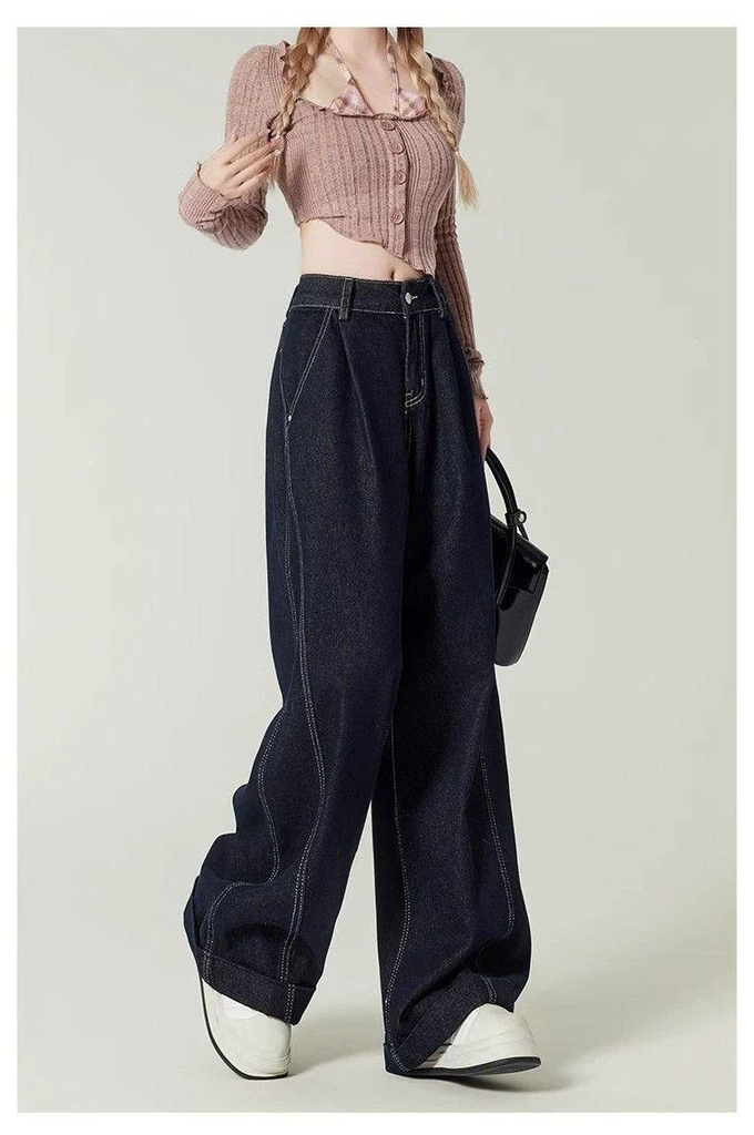 Quần Jeans Ống Rộng Xanh Đậm Kiểu Mỹ Cổ Điển – Cạp Cao Tôn Dáng QJ011260