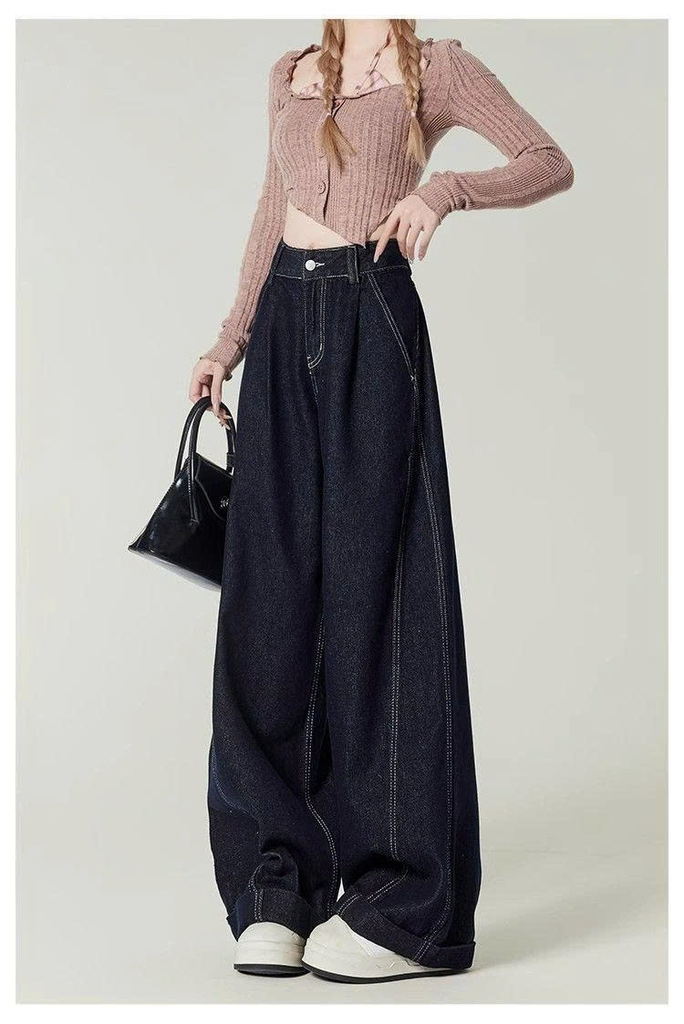 Quần Jeans Ống Rộng Xanh Đậm Kiểu Mỹ Cổ Điển – Cạp Cao Tôn Dáng QJ011260