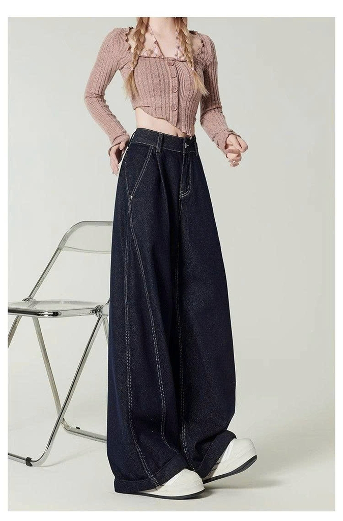 Quần Jeans Ống Rộng Xanh Đậm Kiểu Mỹ Cổ Điển – Cạp Cao Tôn Dáng QJ011260