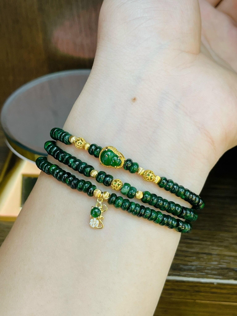 Phỉ Thuý xanh két cuốn 3 mix charm Phỉ Thuý bọc bạc phủ v24k