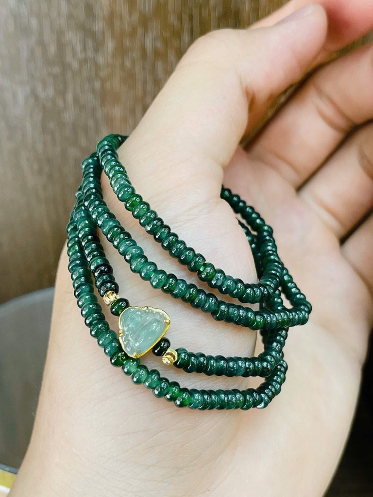Ngọc Phỉ Thuý bánh xe mix charm Di lạLc bạc phủ vàng 24k