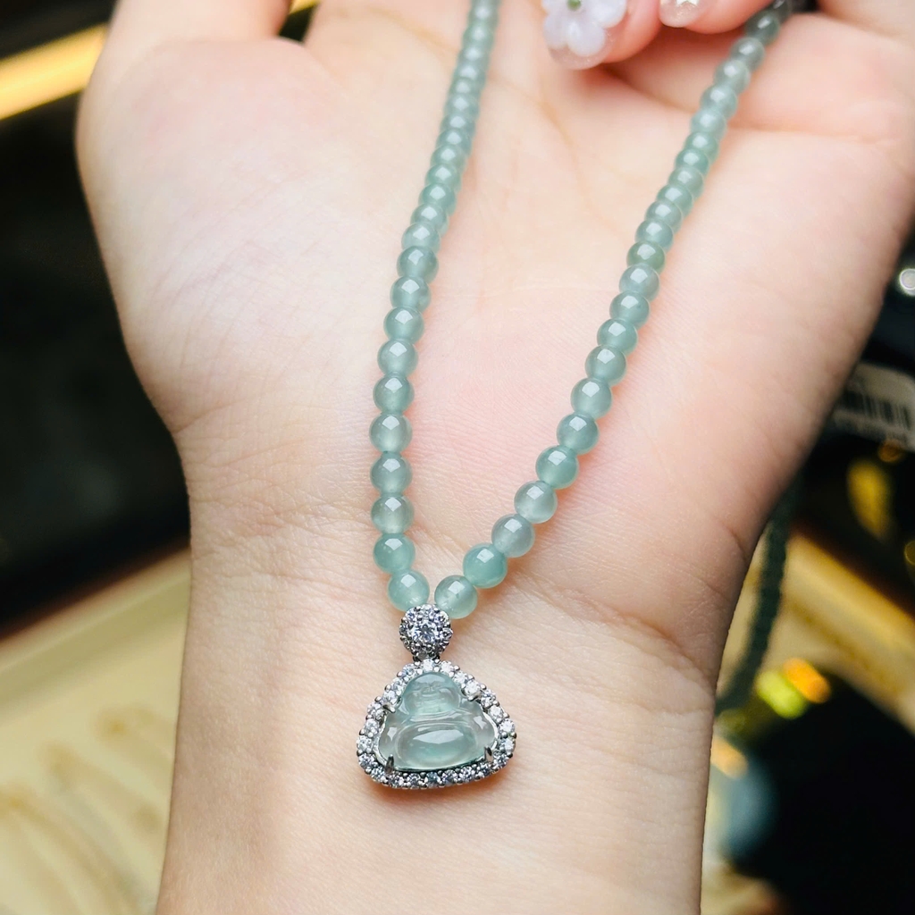 Chuỗi Cổ Phỉ Thúy Cao Băng 4mm – Mặt Phật Di Lặc Lam Băng Bạc 925