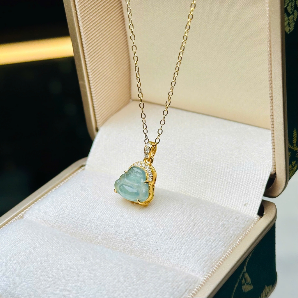 Dây Cổ Mặt Di Lặc Lam Băng Bạc Phủ Vàng – Biểu Tượng Hỷ Lạc & Bình An