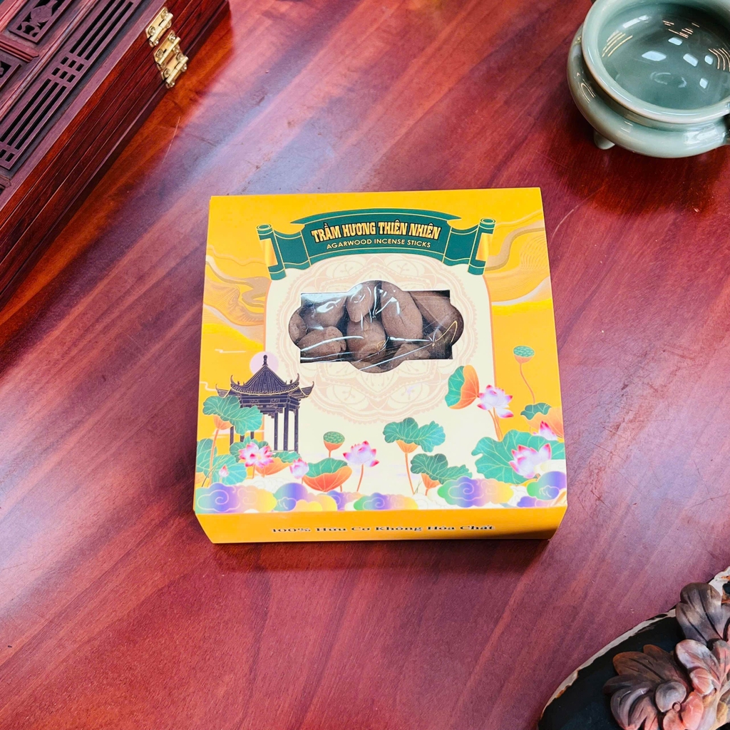 Nhang Nụ Trầm Hương Búp Sen (Hộp 80 Nụ) – Trầm Hương Nguyên Chất Tẩy Uế, Xông Nhà, Thư Giãn